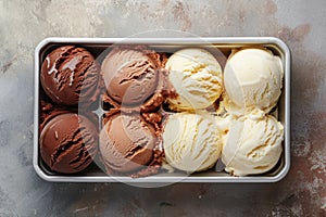 box of vanilla and chocolate ice cream scoop