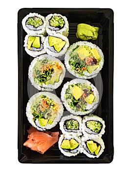 Box of vegetarian sushi on white background