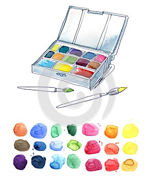 Box of watercolor paints and brushes and color palette illustration
