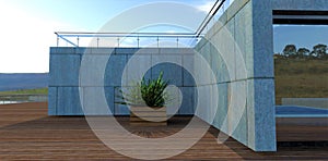 A box with a yellow-green bush on a wooden terrace of a newly built private house. Wall decoration square concrete panels.