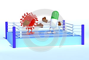 Boxe ring with virus and pill that are fighting