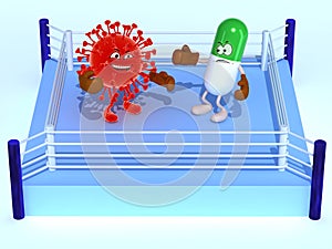 Boxe ring with virus and pill that are fighting