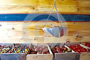 Boxed Tomatoes with a Hanging Scale