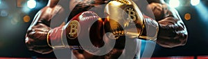 Boxer with Bitcoin emblem gloves in knockout pose, dusk lighting, wide angle, historic gym , close-up