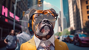 A Boxer Dog, canine, wearing a suit & sunglasses on a city street.
