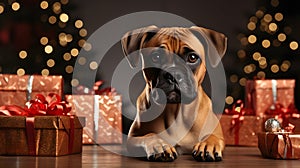 A Boxer dog with Christmas gift in festively decorated room, Generative AI