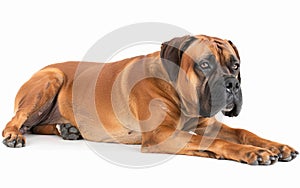 A Boxer dog lies down in repose, its soulful eyes and relaxed posture reflecting a calm demeanor. The clean white
