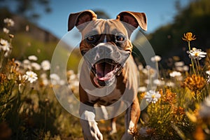 Boxer dog running in a meadow