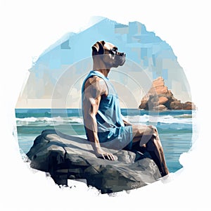 Boxer Dog Sitting On Rock In Water - Virtual Reality Illustration