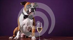 Boxer Dog In A Tuxedo Holding A Champagne Glass On Purple Background. Generative AI