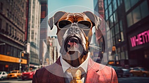 A Boxer Dog wearing sunglasses and dressed in a suit on a city street