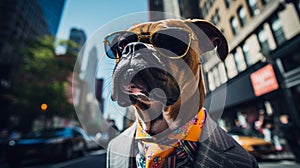 A Boxer Dog wearing sunglasses and dressed in a suit on a city street