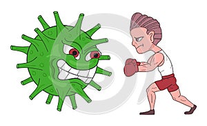 Boxer fight against danger virus. Coronavirus microbes vector in cartoon style