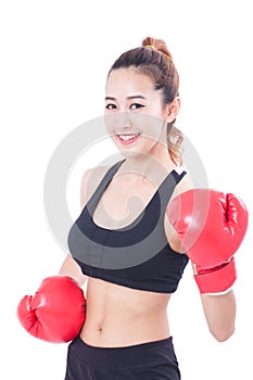 Boxer - Full length fitness woman boxing wearing boxing red gloves