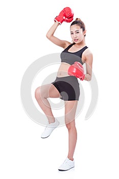 Boxer - Full length fitness woman boxing wearing boxing red gloves