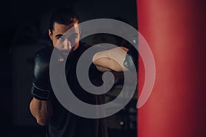 Boxer hitting the heavy bag with front jab photo