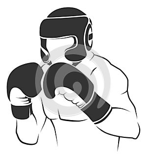 Boxer icon. Man in boxing glowes and helmet. Fighter symbol