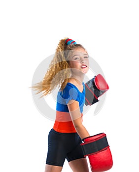 Boxer kid blond girl with funny boxing gloves