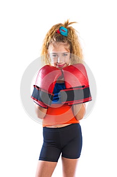 Boxer kid blond girl with funny boxing gloves