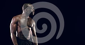 Boxer, man and hands with challenge to sports fight, competition and strong muscle body in overlay. African, athlete and