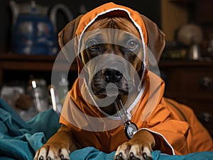 Boxer puppy playing surgeon with tiny stethoscope