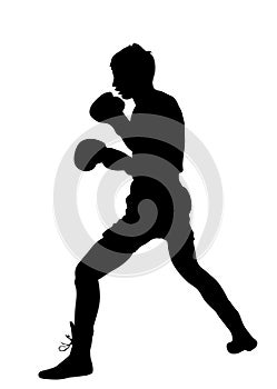 Boxer in ring silhouette. Sparing on boxing training.