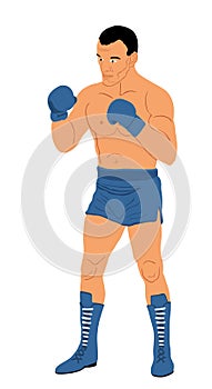 Boxer in ring vector illustration isolated on white background. Strong fighter direct kick. Sportsman on training sparing.