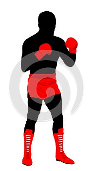 Boxer in ring vector silhouette illustration isolated on white. Strong fighter shape shadow direct kick.