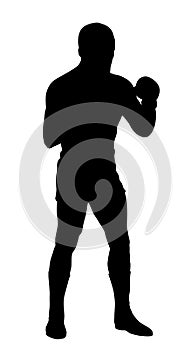 Boxer in ring vector silhouette illustration isolated on white. Strong fighter shape shadow direct kick.