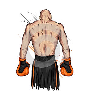 Boxer in shorts and gloves. Male athlete. Vector illustration for greeting card or poster. Sport, fight, athlete ready for battle.