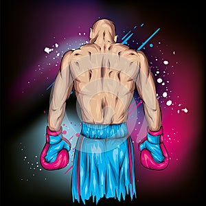 Boxer in shorts and gloves. Male athlete. Vector illustration for greeting card or poster. Sport, fight, athlete ready for battle.