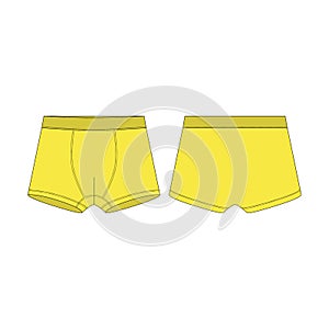 Boxer shorts in yellow color technical sketch. Boxers underpants for boys isolated on white background