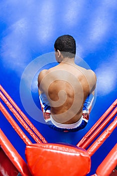 Boxer sitting in the corner of boxing ring