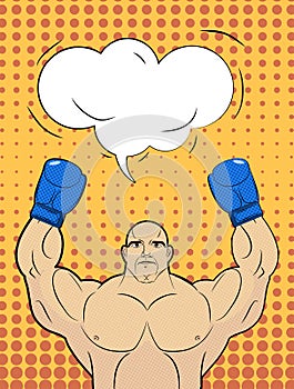 Boxer-style pop art with a bubble over his head. Strong man rais