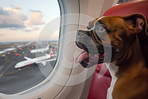 boxer with tongue out, looking at other planes from the aircraft window