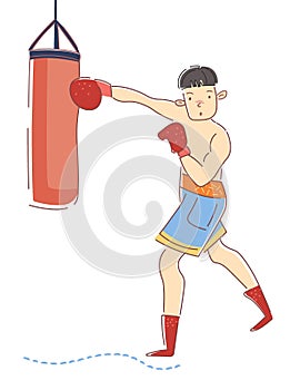 Boxer training in gym. Young sportsman is kicking punching bag. Boy wearing boxing gloves. Professional sport. Guy