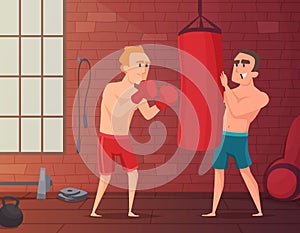 Boxer training. Male hits to punching bag at the gym. Cartoon sport characters