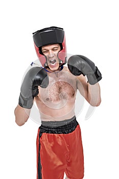 Boxer wearing medal performing boxing stance