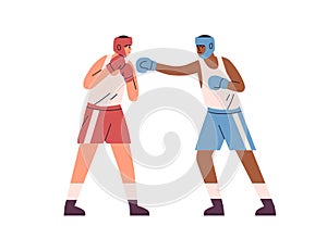 Boxers fighting. Box fighter punching his opponent with hand in glove. People in helmets and shorts boxing. Match