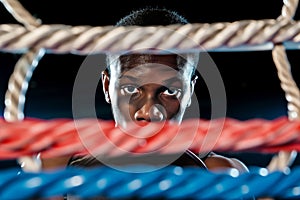 boxers intense stare through ropes of ring