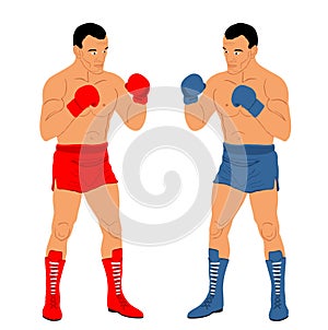 Boxers in ring duel vector illustration isolated on white background. Strong fighter direct kick.