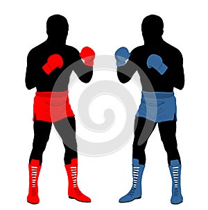 Boxers in ring duel vector silhouette isolated on white background. Strong fighter direct kick. Sportsman