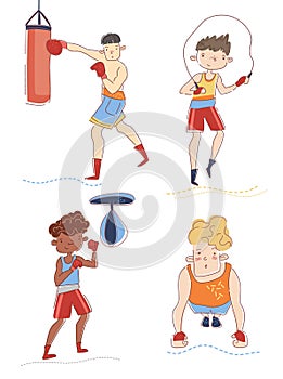 Boxers training in gym. Four young sportsmen is doing different exercise. Concept of professional sport. Guys preparing