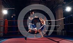 Boxers training kickboxing in the ring at the health club