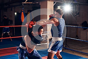 Boxers training kickboxing in the ring at the health club