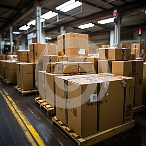 Boxes and cardboard in storage warehouses for export and import expeditions