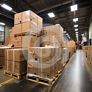 Boxes and cardboard in storage warehouses for export and import expeditions