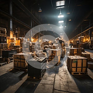 Boxes and cardboard in storage warehouses for export and import expeditions