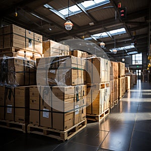 Boxes and cardboard in storage warehouses for export and import expeditions