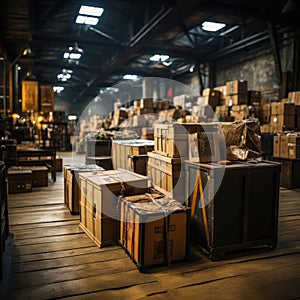 Boxes and cardboard in storage warehouses for export and import expeditions